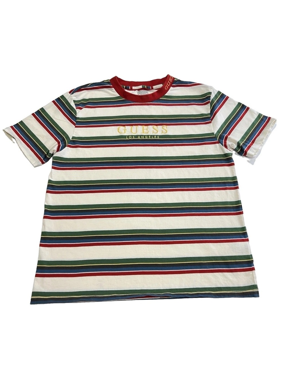 GUESS Men’s M Colorful Striped Embroidered Logo Y2K T-Shirt